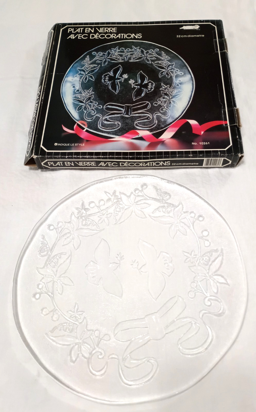 VTG Doves Peace Bow Christmas Italy Glass 13" Large Platter 1985 Action w Box